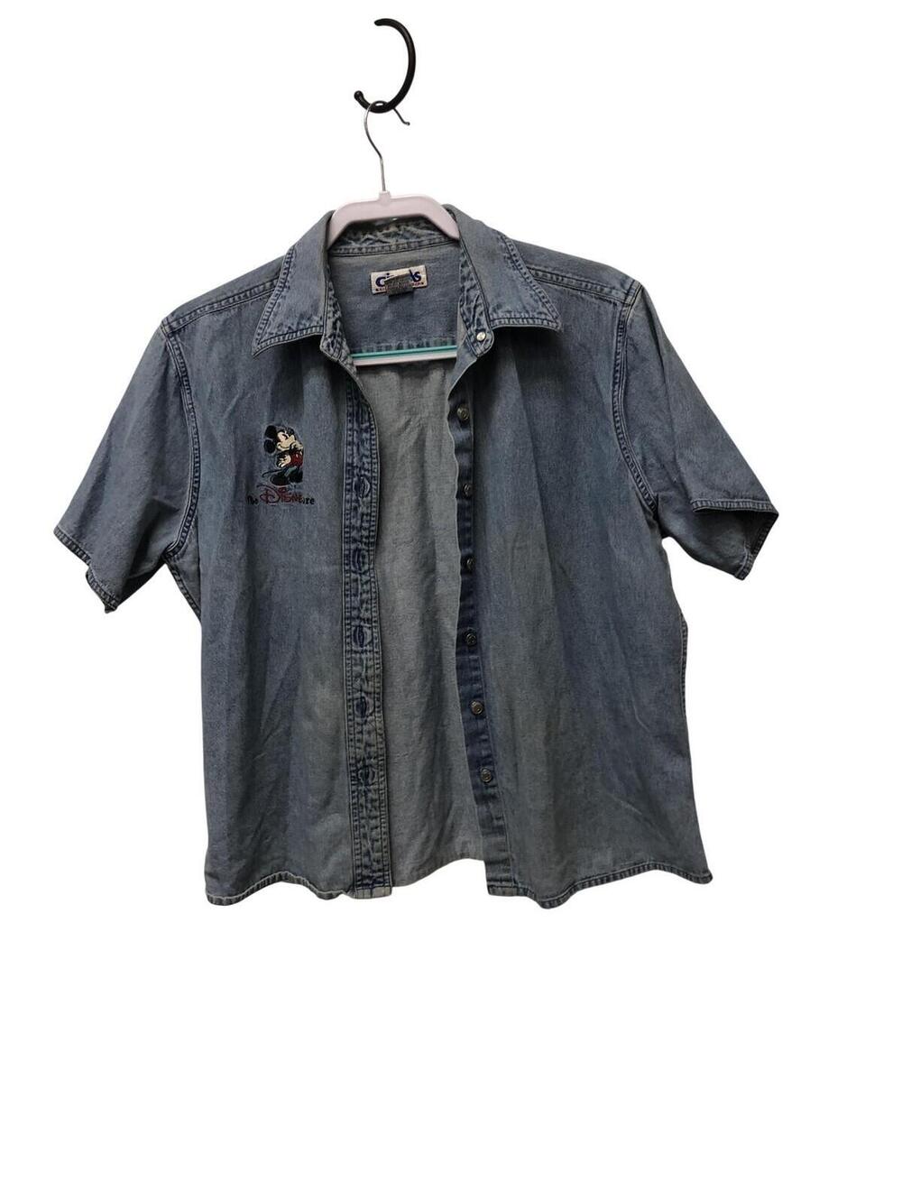 Cintas Shirt Womens XL Blue Denim Short Sleeve Button Up Mickey Mouse Disney